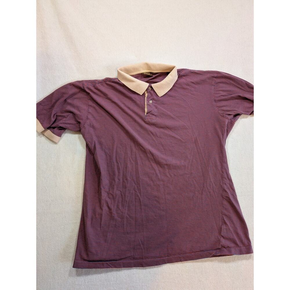 Brass by Hathaway Mens Burgundy Blue Stripe Polo Shirt Size L Cotton